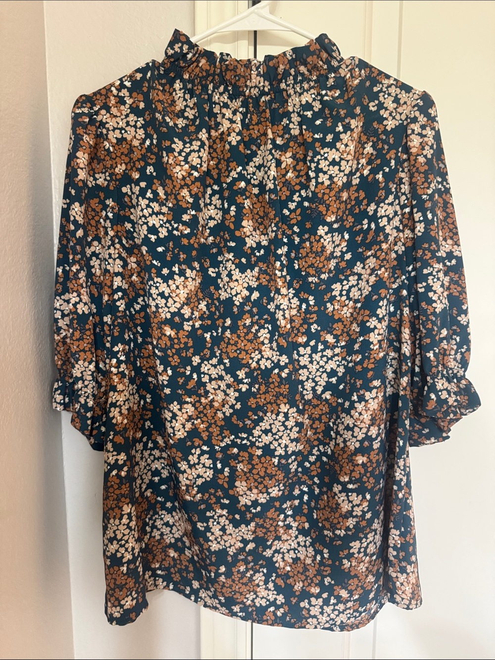 Teal Floral Ruffle Neck Blouse - Brown & White Print
